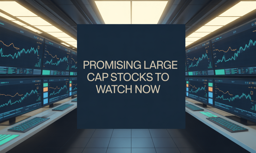 Promising large cap stocks banner featuring stock market visuals, graphs, and navy blue and gold business design.