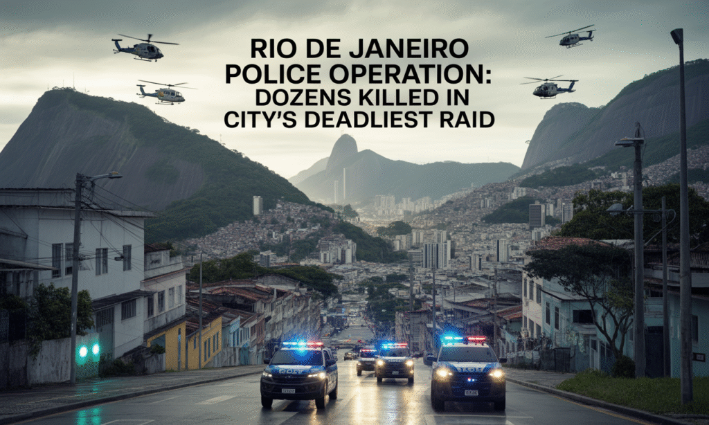 Banner showing Rio de Janeiro police operation scene in favelas with helicopters and officers, symbolizing Brazil’s deadliest police raid.