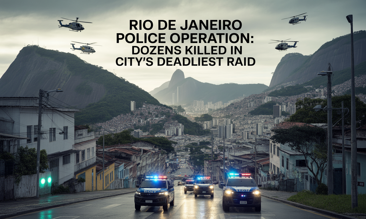 Banner showing Rio de Janeiro police operation scene in favelas with helicopters and officers, symbolizing Brazil’s deadliest police raid.