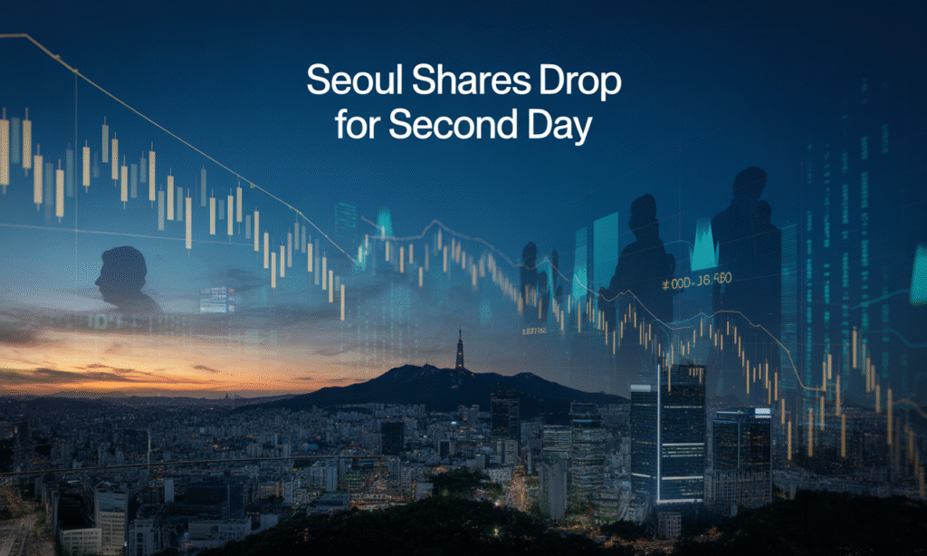 Seoul shares drop for second day showing declining stock charts over the Seoul skyline.