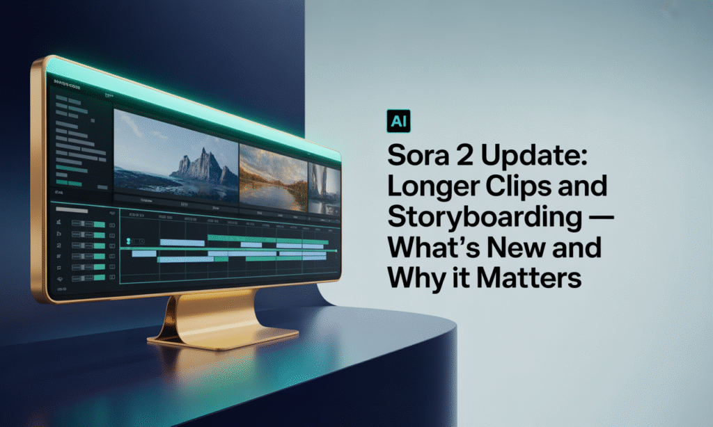 Wide banner image for Sora 2 update showing storyboard interface and AI video tools in navy, teal, and gold colors.