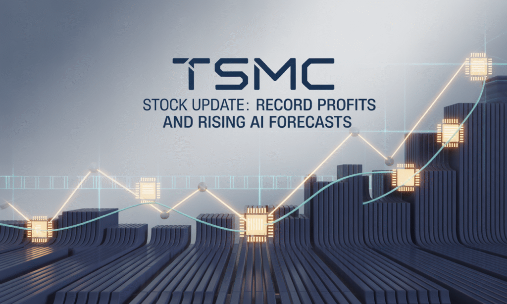 TSMC Stock Update banner showing semiconductor patterns and rising financial graph in navy blue and teal.
