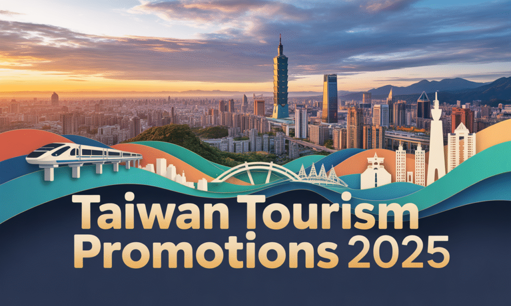 Banner image for “Taiwan Tourism Promotions 2025” featuring Taipei skyline, high-speed train, and travel icons in navy blue and gold.