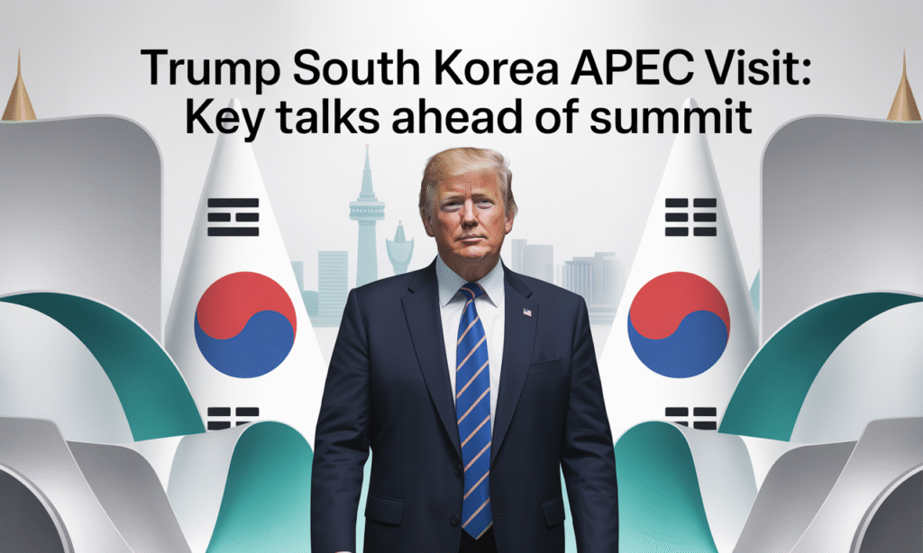 Banner showing Trump South Korea APEC visit with business leaders and diplomatic symbols, illustrating major trade discussions at the APEC summit.