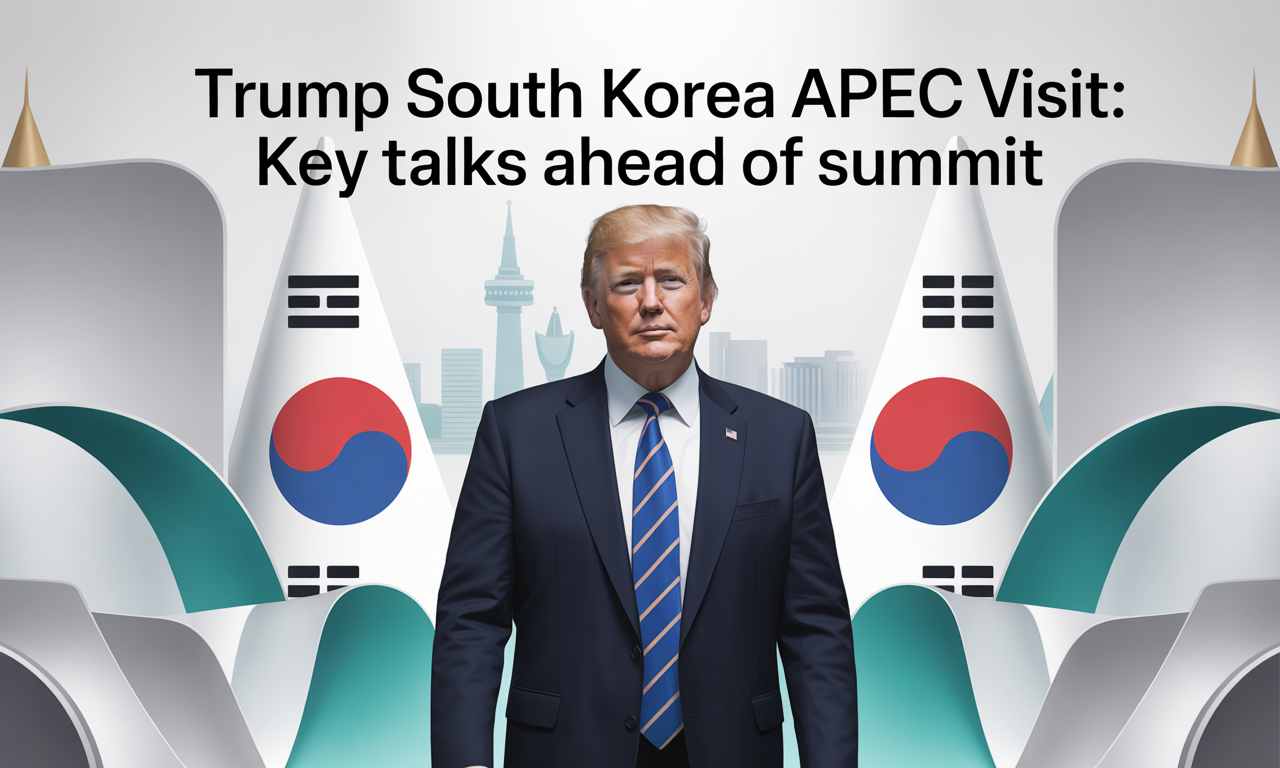 Banner showing Trump South Korea APEC visit with business leaders and diplomatic symbols, illustrating major trade discussions at the APEC summit.