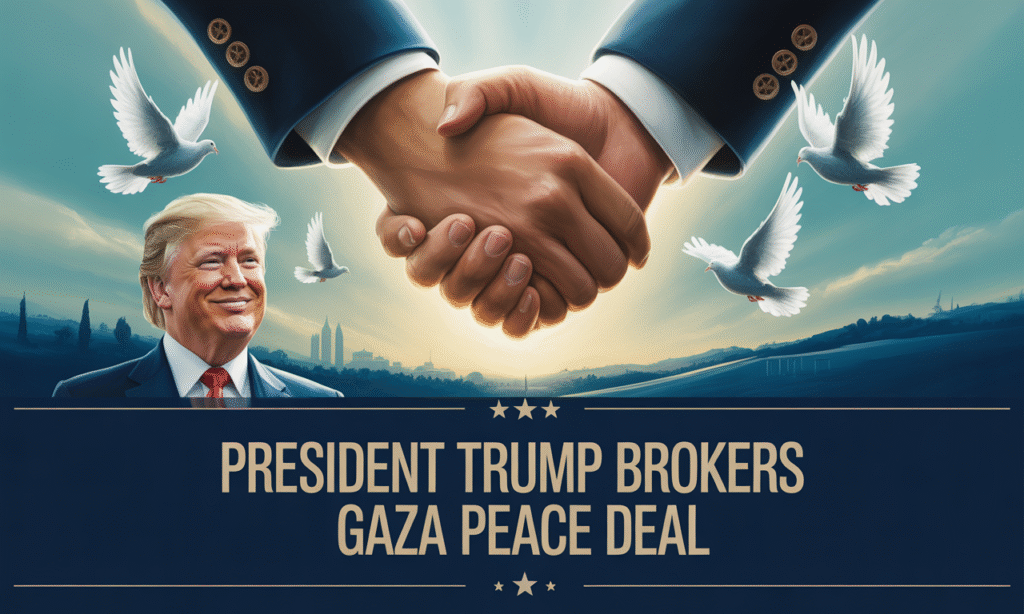 President Trump brokers Gaza peace deal banner showing handshake, doves, and golden light symbolizing diplomacy and peace.