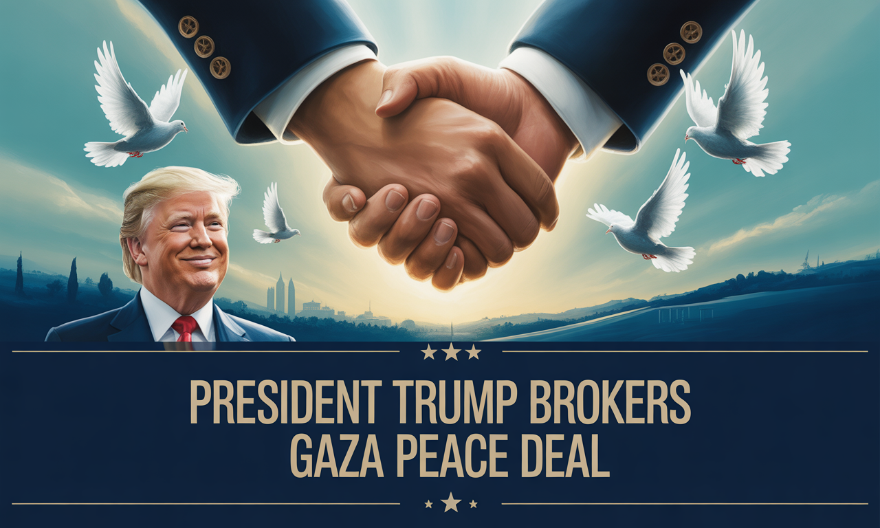 President Trump brokers Gaza peace deal banner showing handshake, doves, and golden light symbolizing diplomacy and peace.