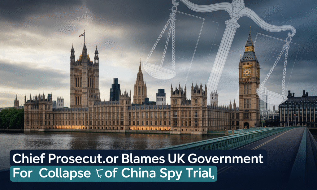 Banner image showing UK Parliament with legal and justice imagery for the article UK China spy trial collapse.