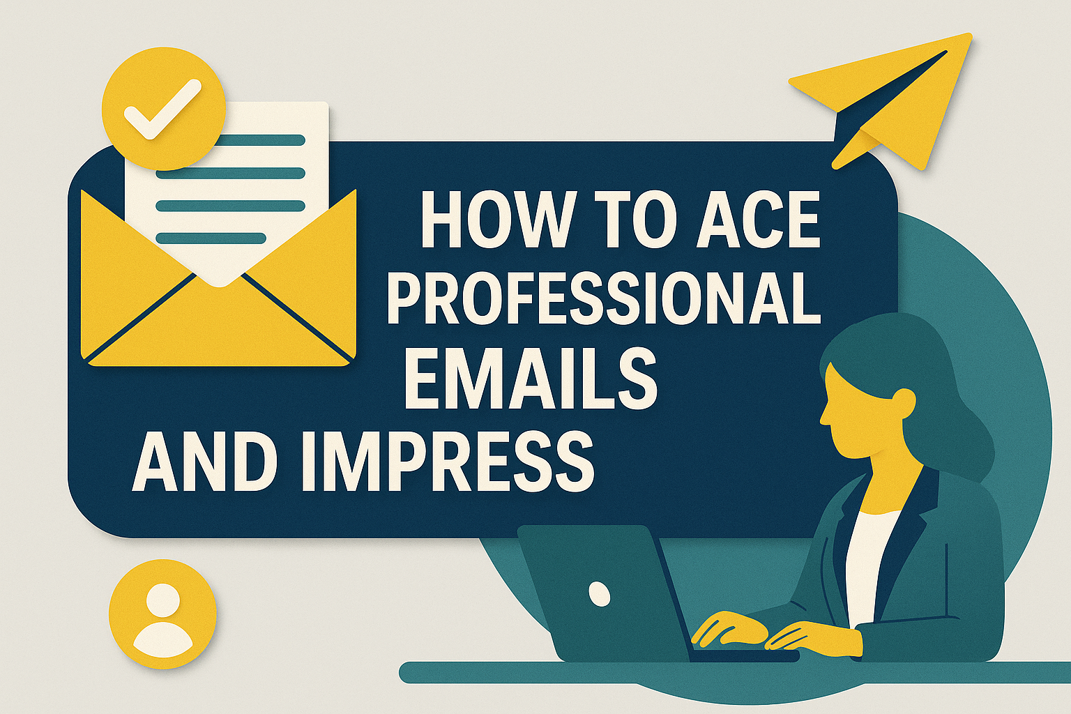Wide 3D paper cut banner showing a woman typing on a laptop beside an open yellow envelope and paper airplane, illustrating how to ace professional emails with confidence and clarity.