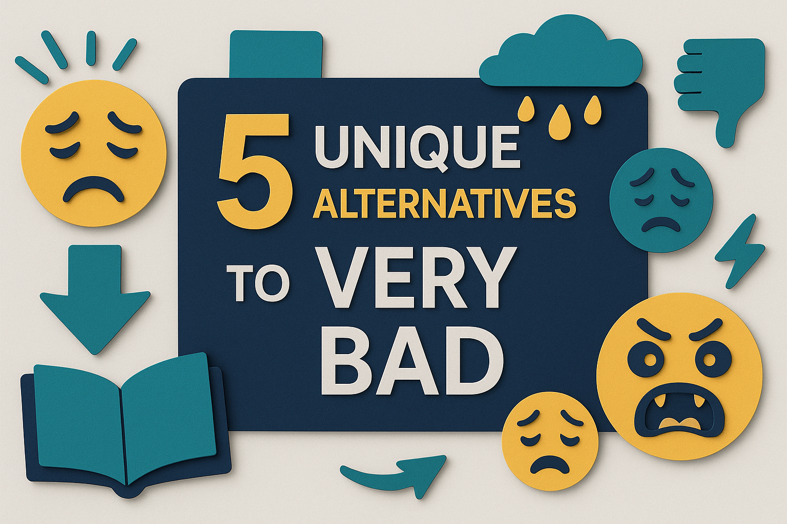 3D paper cut banner showing “5 Unique Alternatives to Very Bad” with expressive icons and All About English Mastery brand colors.