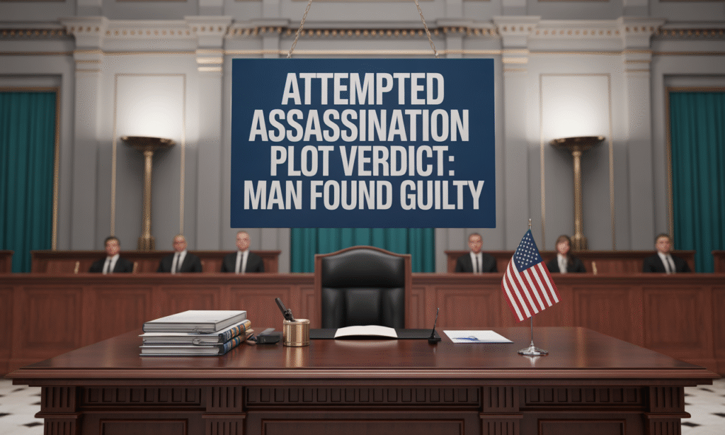 Wide banner of a courtroom scene with the title “Attempted Assassination Plot Verdict: Man Found Guilty.”