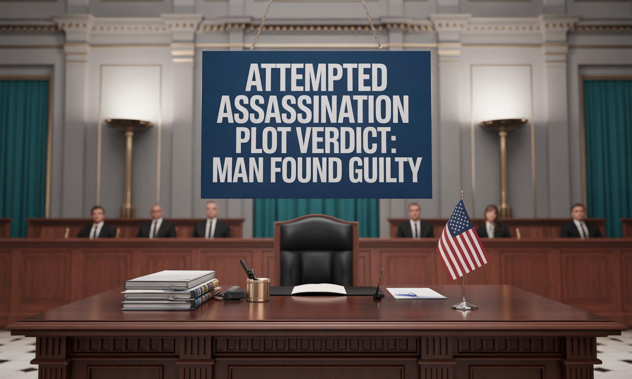 Wide banner of a courtroom scene with the title “Attempted Assassination Plot Verdict: Man Found Guilty.”