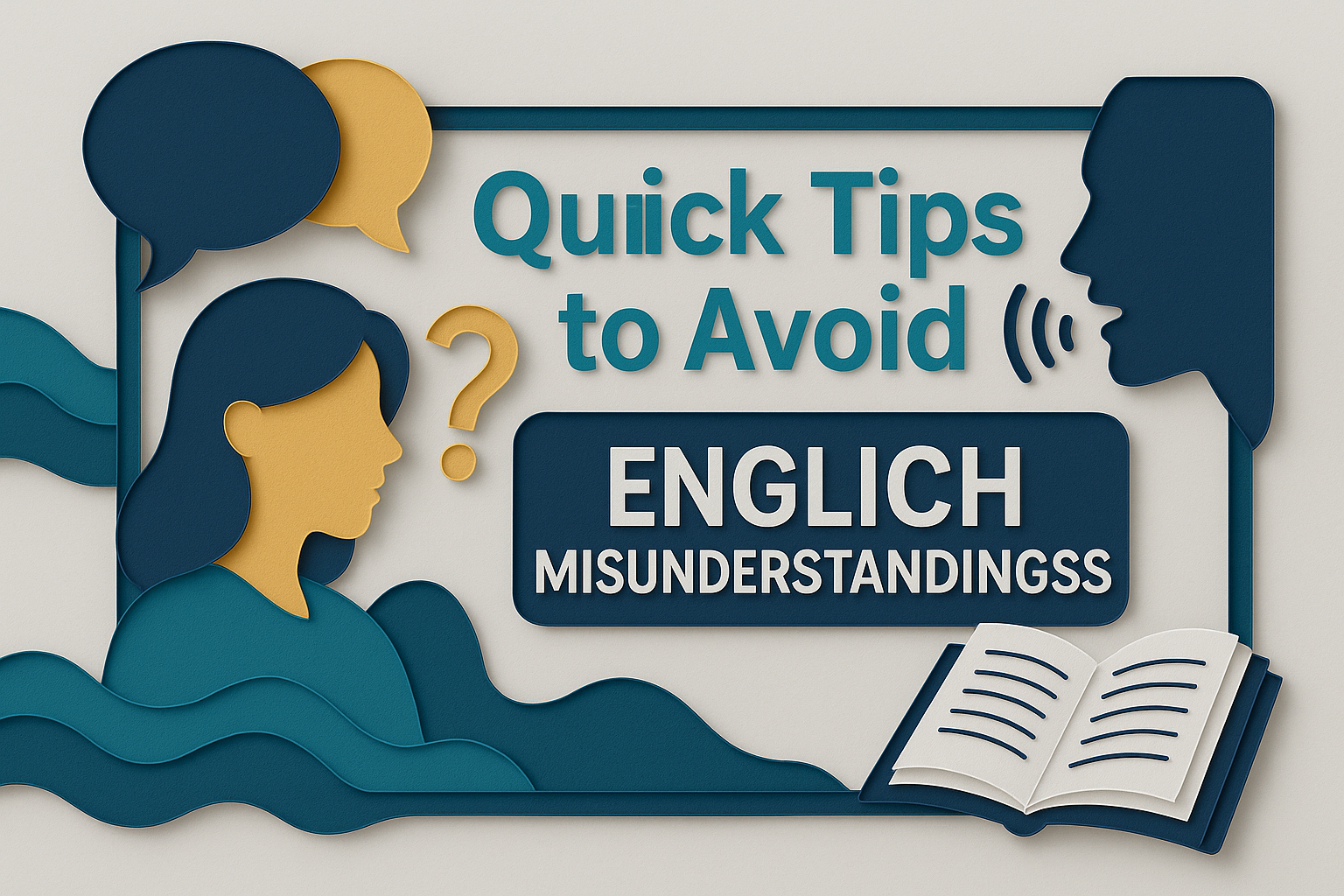 3D paper-cut banner showing communication and clarity with speech bubbles and title “Quick Tips to Avoid English Misunderstandings” in navy blue, gold, teal, and light gray brand colors.