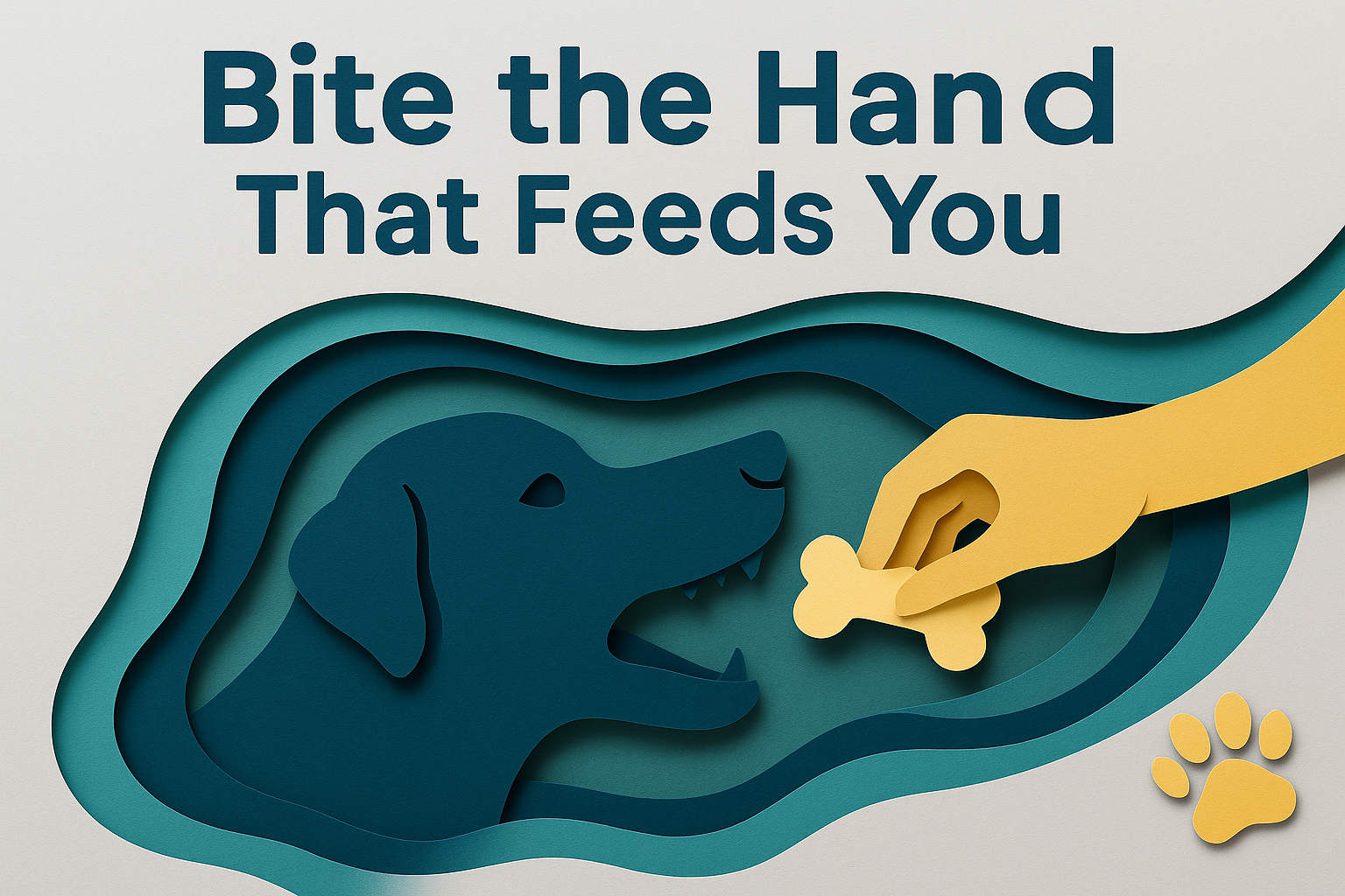 3D paper cut art of a dog and hand offering a bone, symbolizing the idiom “bite the hand that feeds you,” using All About English Mastery brand colors.