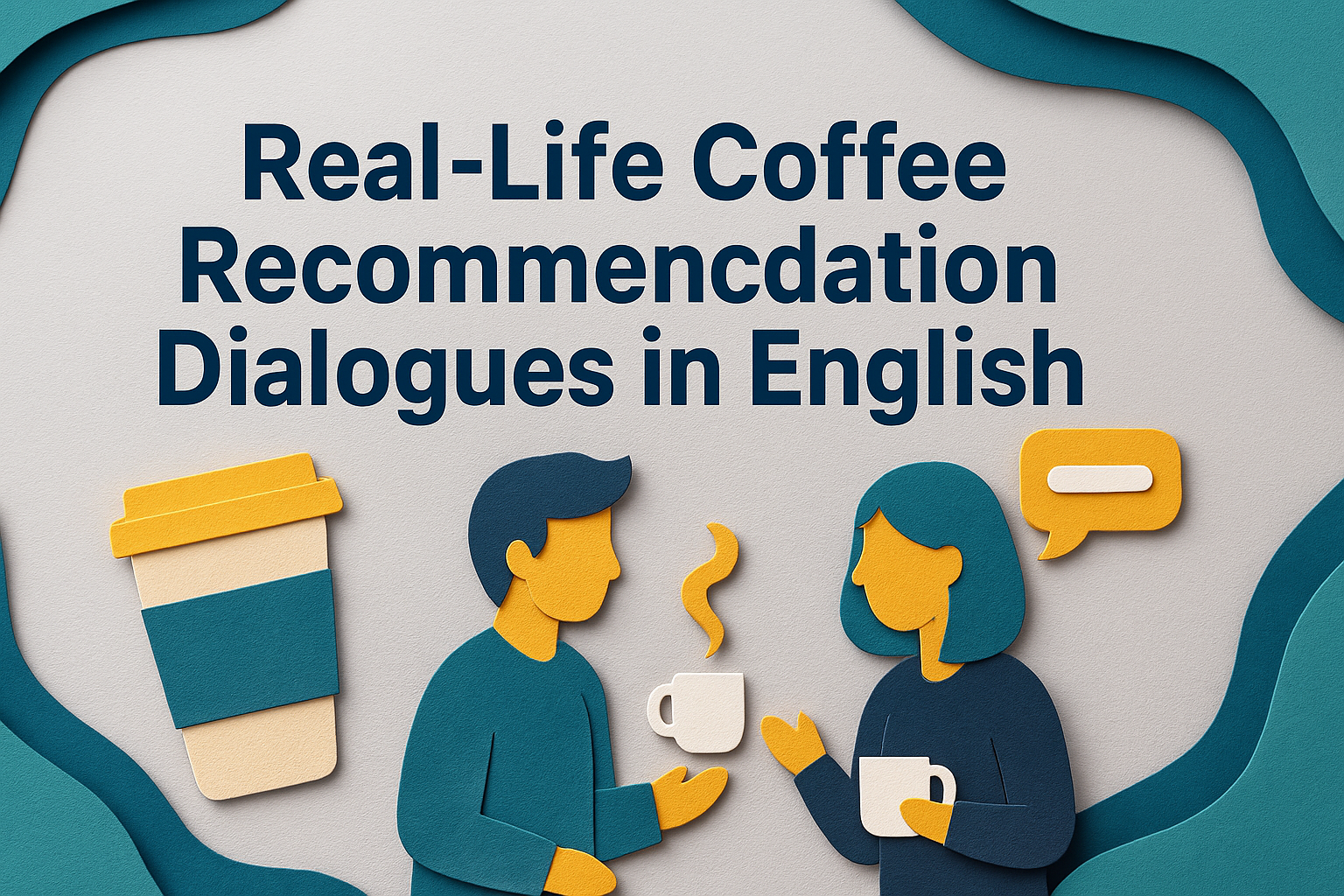 3D paper-cut banner showing coworkers chatting over coffee in an office café, illustrating coffee recommendation dialogues in English.