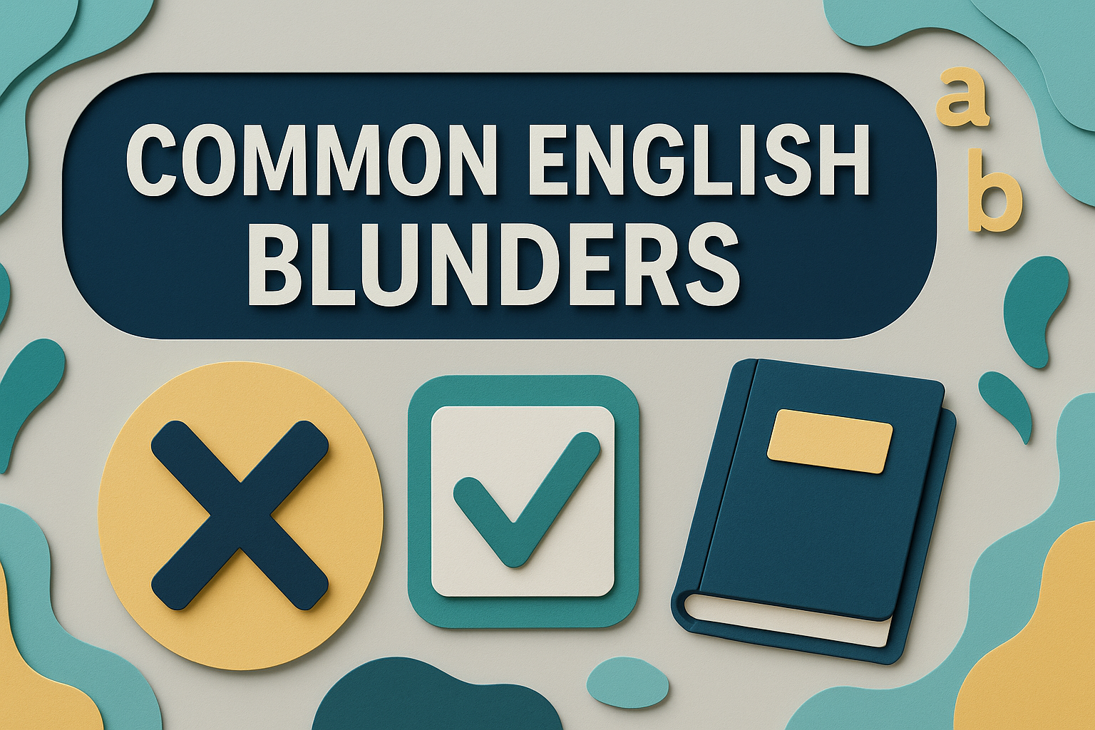 3D paper cut banner illustrating common English blunders with X, check mark, and book icons in navy blue, soft gold, light gray, and teal.