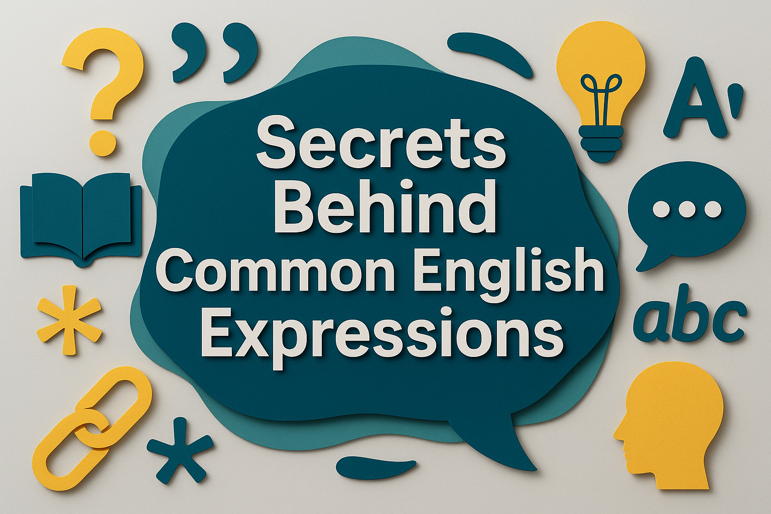 Wide 3D paper-cut art banner showing the title “Secrets Behind Common English Expressions” in white Roboto Bold font on teal and navy layers, surrounded by communication icons like a question mark, lightbulb, and speech bubble, symbolizing learning and language.