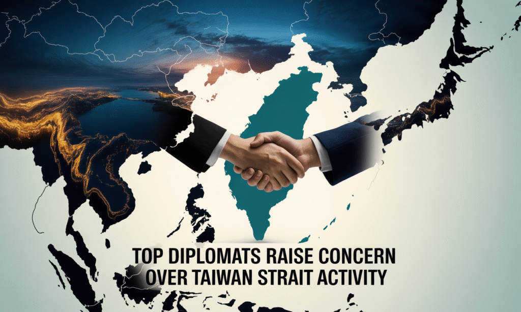 Wide business-style banner with diplomats and map of East Asia highlighting the Taiwan Strait, illustrating concern over Taiwan Strait.