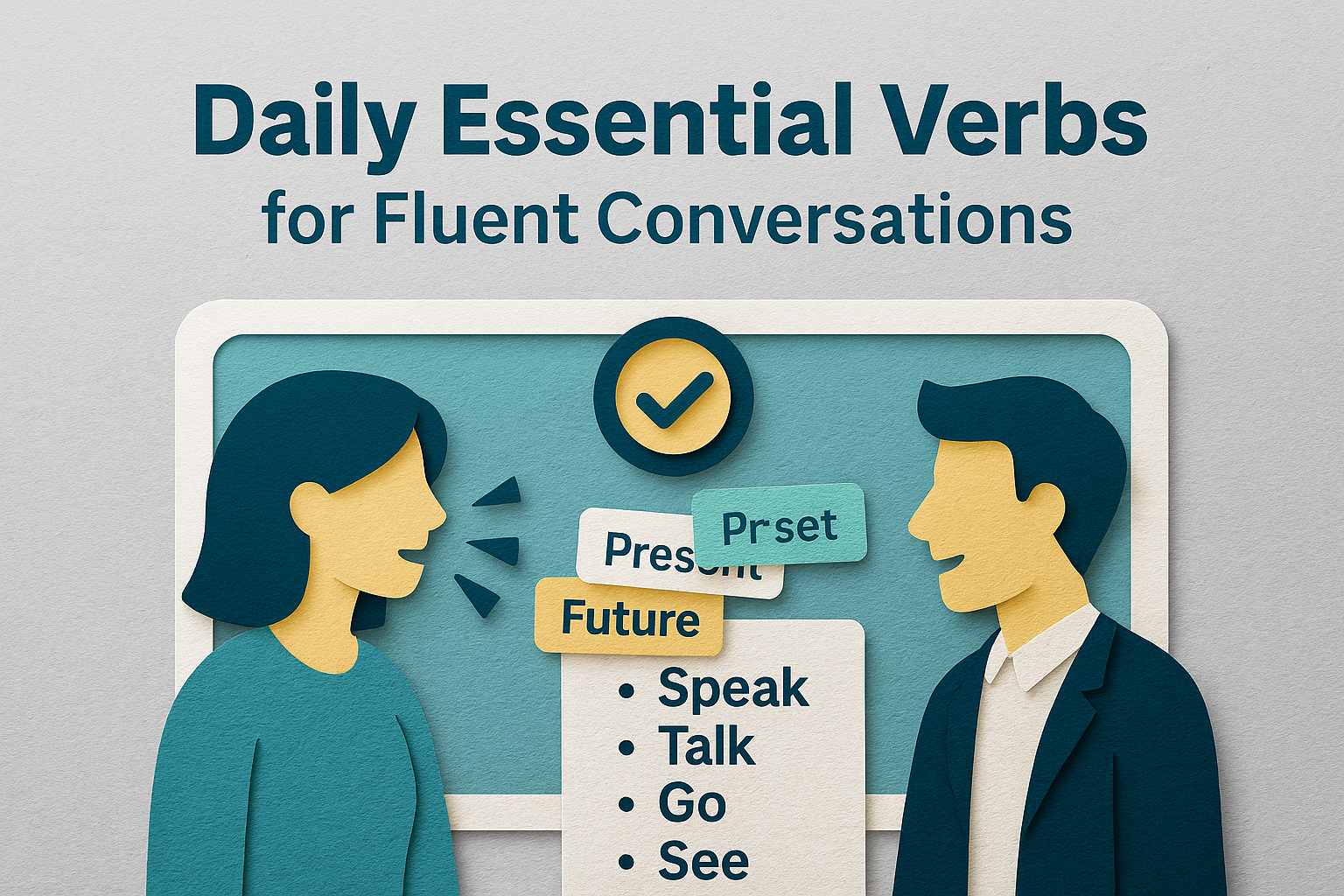 Wide 3D paper cut art banner showing two professionals speaking with verb cards labeled Past, Present, Future, highlighting daily essential verbs for fluent conversations.