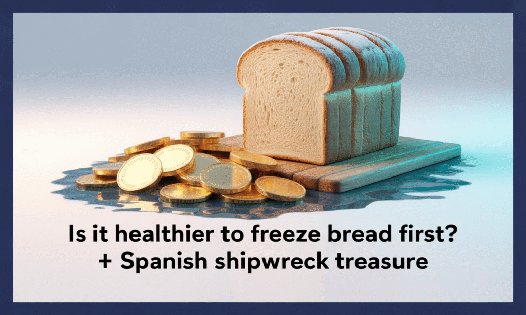 Banner showing frozen bread and gold coins underwater illustrating freeze bread health benefits and discovery.
