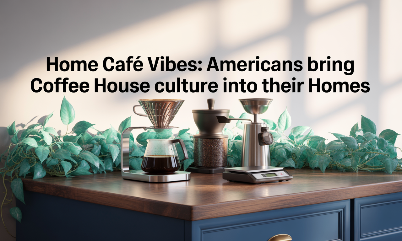 Wide banner showing home café culture trend with artisanal coffee and décor in brand colors.