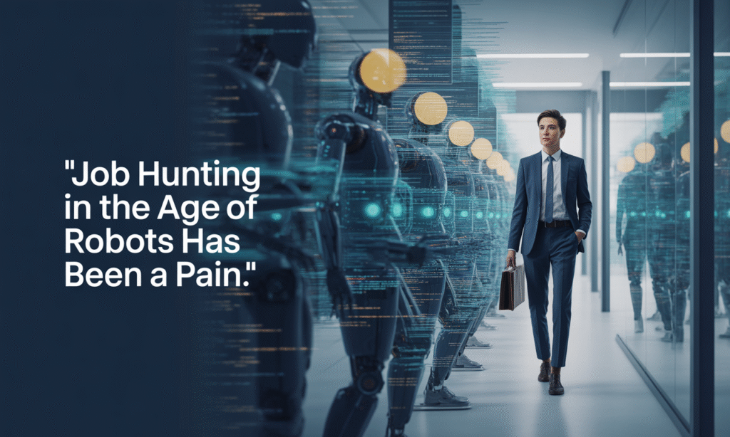 Banner image for article about job hunting in the age of robots, depicting a worker facing digital automation and AI in the modern workplace.
