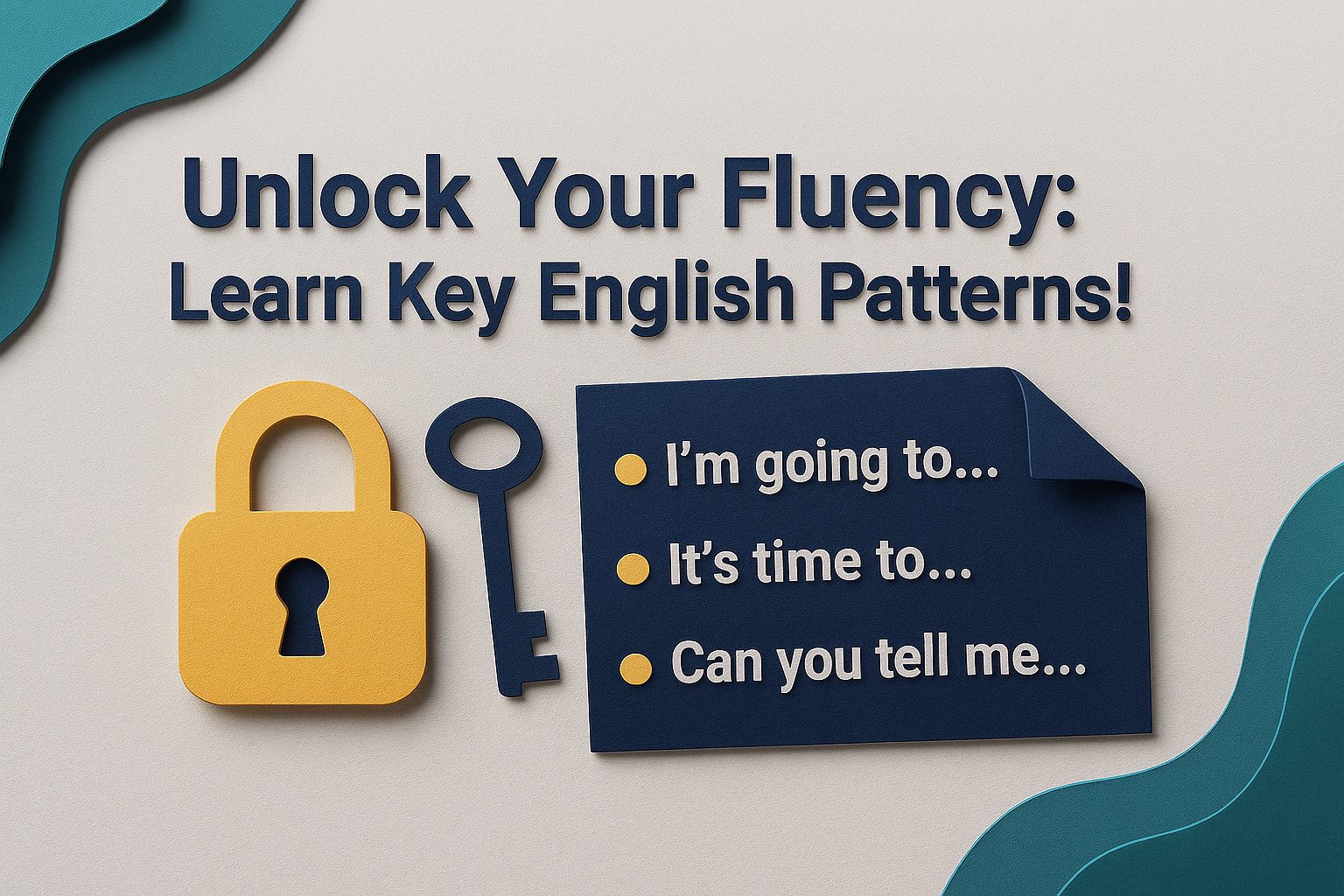 3D paper cut banner with a gold lock and key beside the title “Unlock Your Fluency: Learn Key English Patterns!” — designed in navy blue, soft gold, light gray, and teal to illustrate the concept of learning key English patterns.