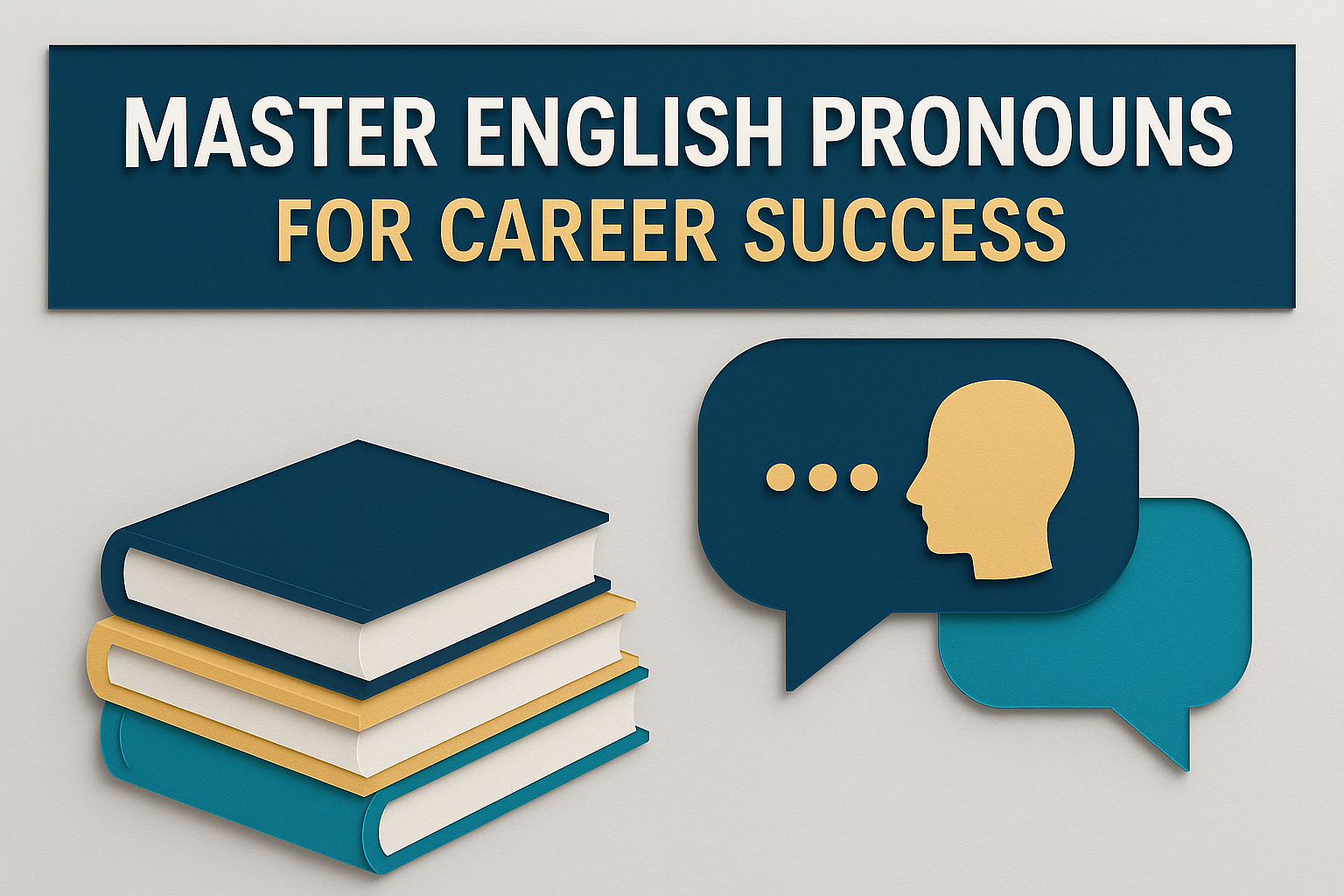 Wide banner in 3D paper cut style with title ‘Master English Pronouns for Career Success’ featuring books and speech bubbles — master English pronouns theme.