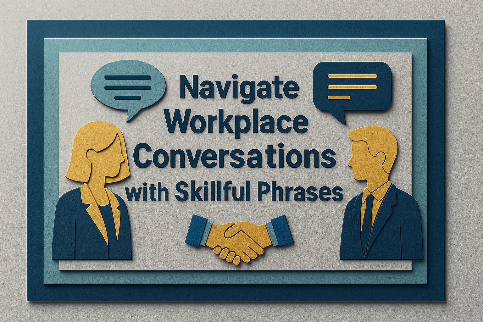 3D paper-cut banner showing two professionals speaking with speech bubbles and handshake, illustrating how to navigate workplace conversations with skillful phrases.