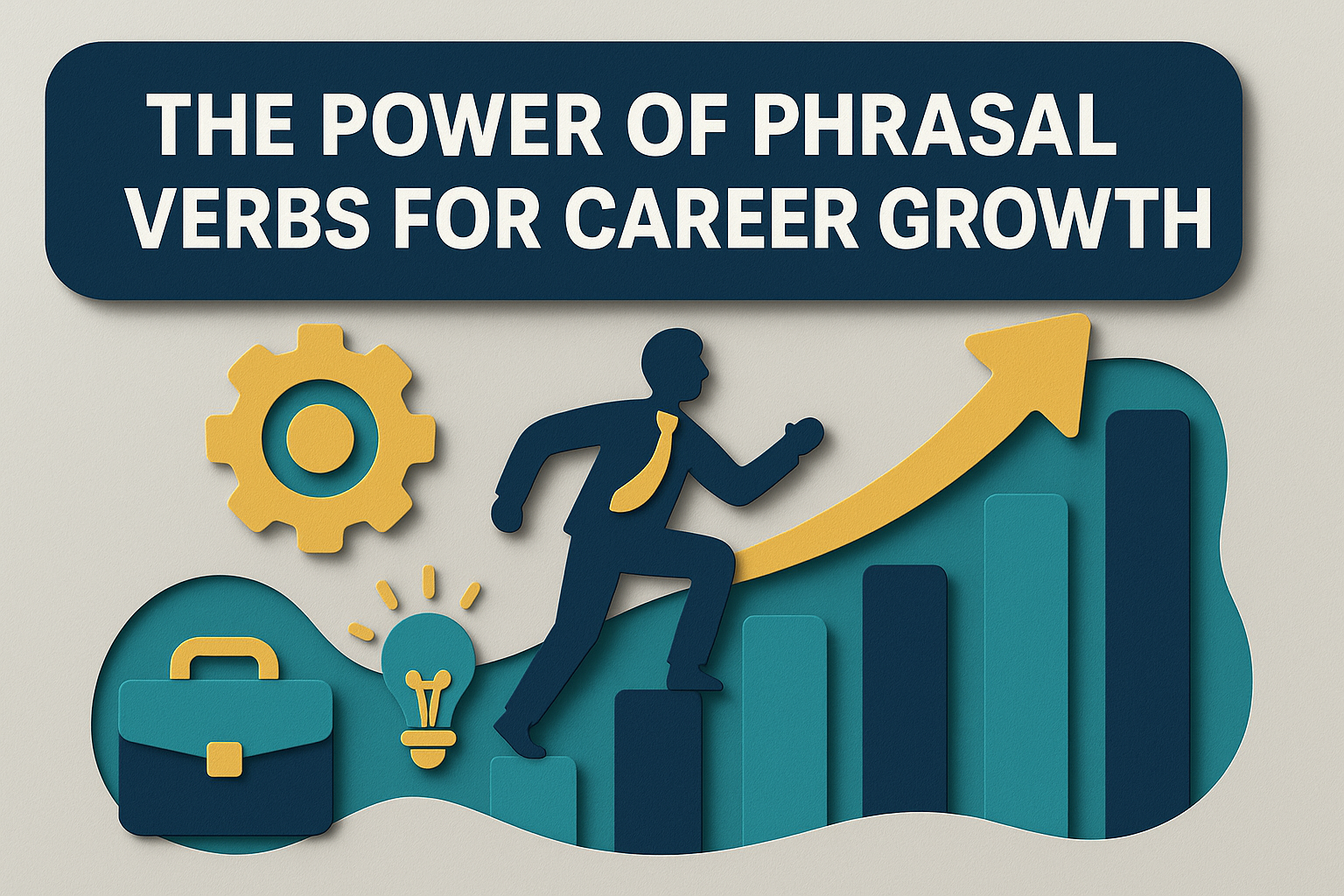 3D paper cut banner showing a professional climbing bars with an arrow upward, symbolizing career success and confidence through phrasal verbs for career growth.