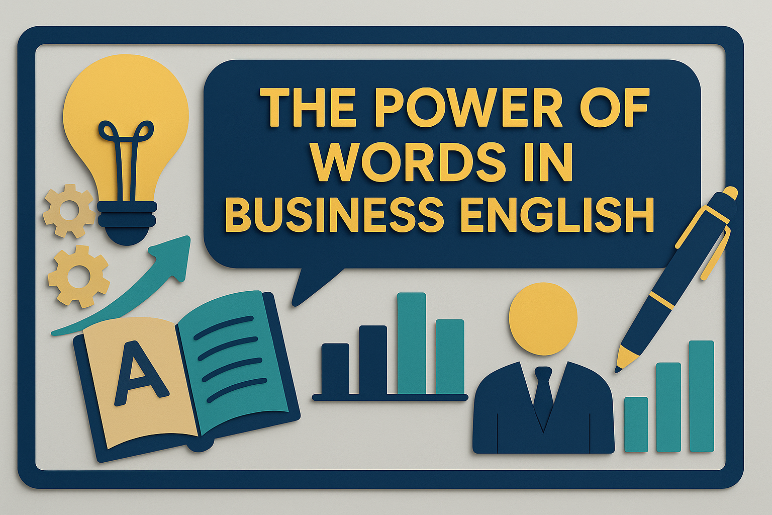3D paper-cut illustration showing the title “Powerful Words in Business English” in navy blue and gold, symbolizing communication, clarity, and professional vocabulary.