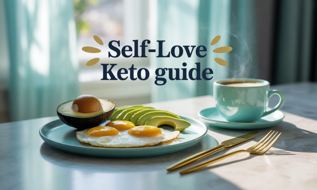 Wide banner image for article Self-Love Keto Guide, showing a healthy meal scene with avocado, eggs, and coffee in navy, gold, gray, and teal tones — focus keyphrase self-love keto guide.
