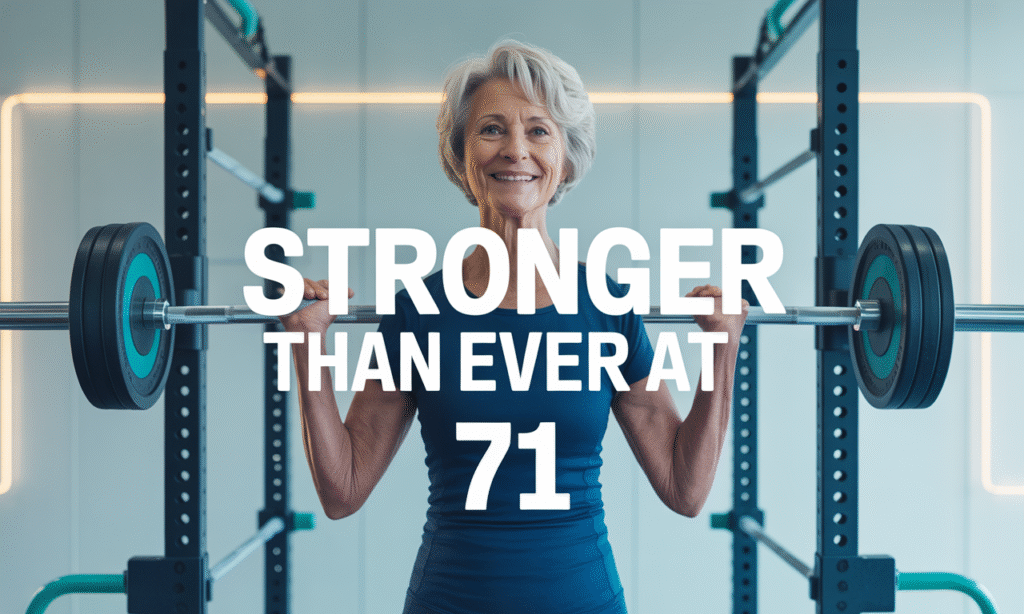 Banner of active older woman exercising confidently representing stronger than ever at 71 lifestyle.