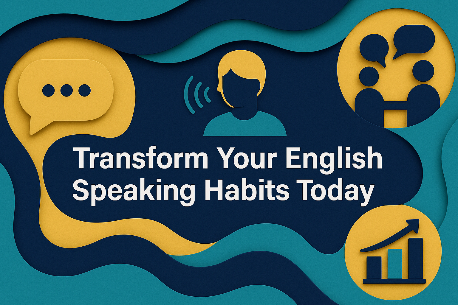 Wide 3D paper-cut landscape banner with navy, gold, and teal layers, showing icons of speech, conversation, and growth around the text “Transform Your English Speaking Habits Today.”