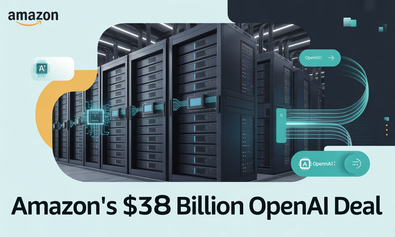 Banner image with cloud servers and AI graphics illustrating the Amazon $38 billion OpenAI deal.