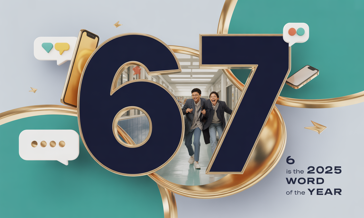 Banner image showing “6-7” word of the year with digital slang and youth culture background in navy blue, teal, and gold.