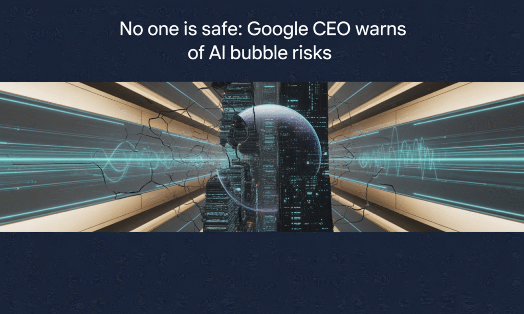 Banner image depicting cracking data bubble over a tech city to illustrate AI bubble bursts with title about Google CEO’s warning.