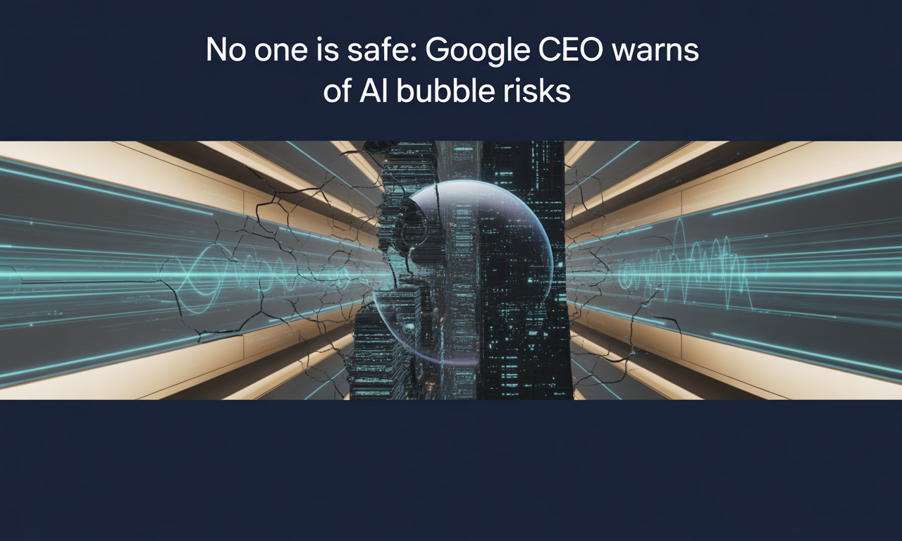 Banner image depicting cracking data bubble over a tech city to illustrate AI bubble bursts with title about Google CEO’s warning.