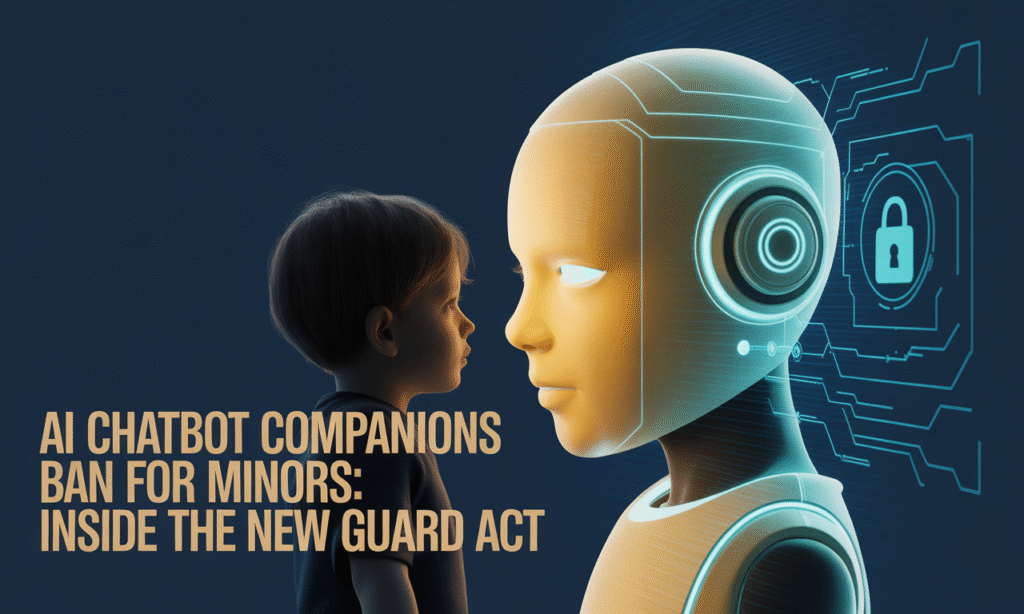 AI chatbot companions ban for minors visual showing child silhouette and digital safety lock.