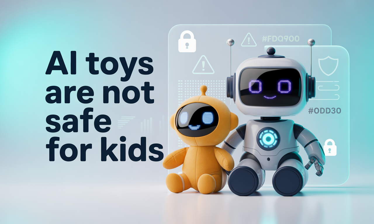 Banner image showing AI toys and digital security icons highlighting AI toys safety risks children with title “AI Toys Are NOT Safe for Kids.”