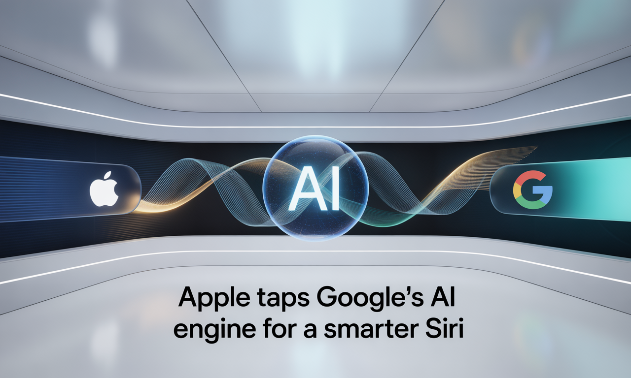 Apple taps Google’s AI engine banner showing AI hologram and Siri waveform in navy and teal business style.