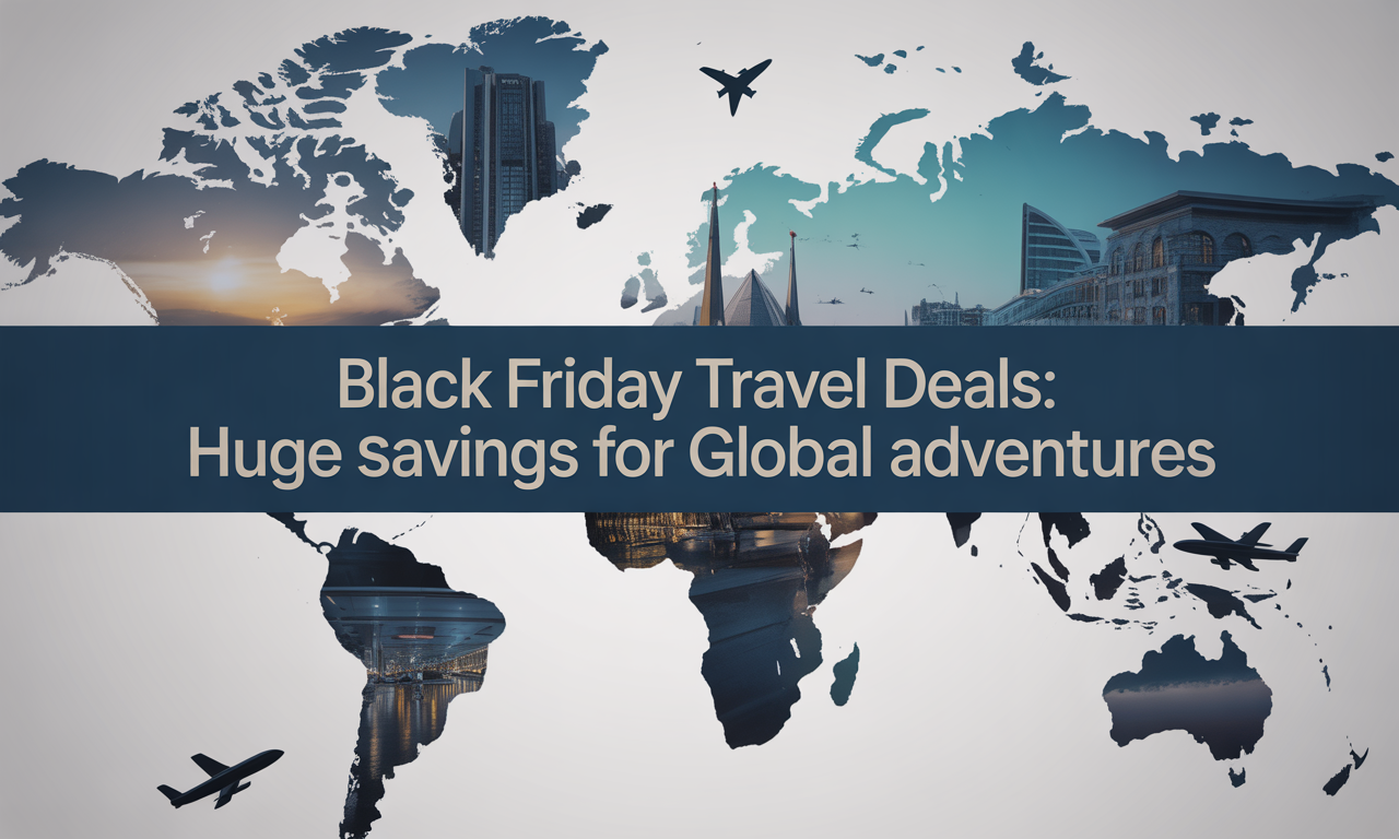 Wide banner showing global travel imagery for the article “Black Friday Travel Deals,” featuring brand colors and the focus keyphrase Black Friday travel deals.