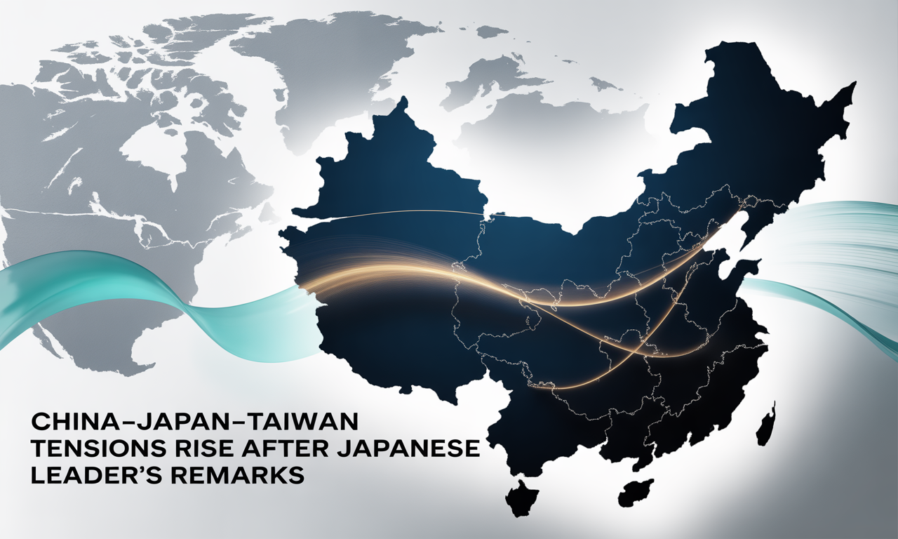 Banner visual showing China Japan Taiwan tensions with highlighted regional map and diplomatic connection lines.