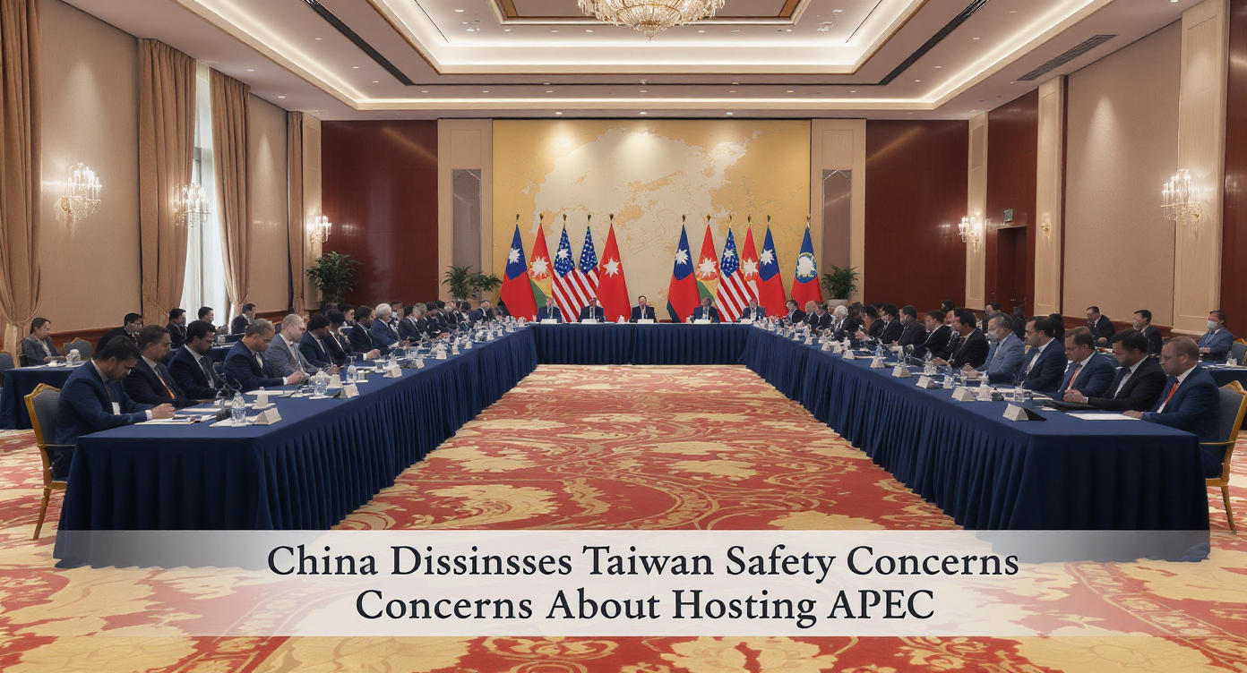 China dismisses Taiwan APEC concerns banner featuring diplomatic summit imagery.