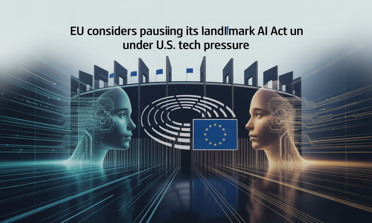 Banner showing EU AI Act pause with European Parliament and futuristic AI imagery under U.S. tech influence.