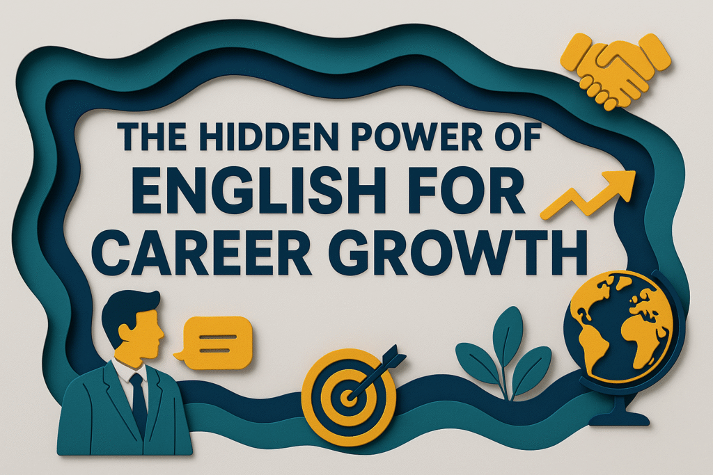 3D paper cut banner showing “The Hidden Power of English for Career Growth” in navy blue and gold, with icons of a businessman, globe, target, and handshake symbolizing English for career growth.