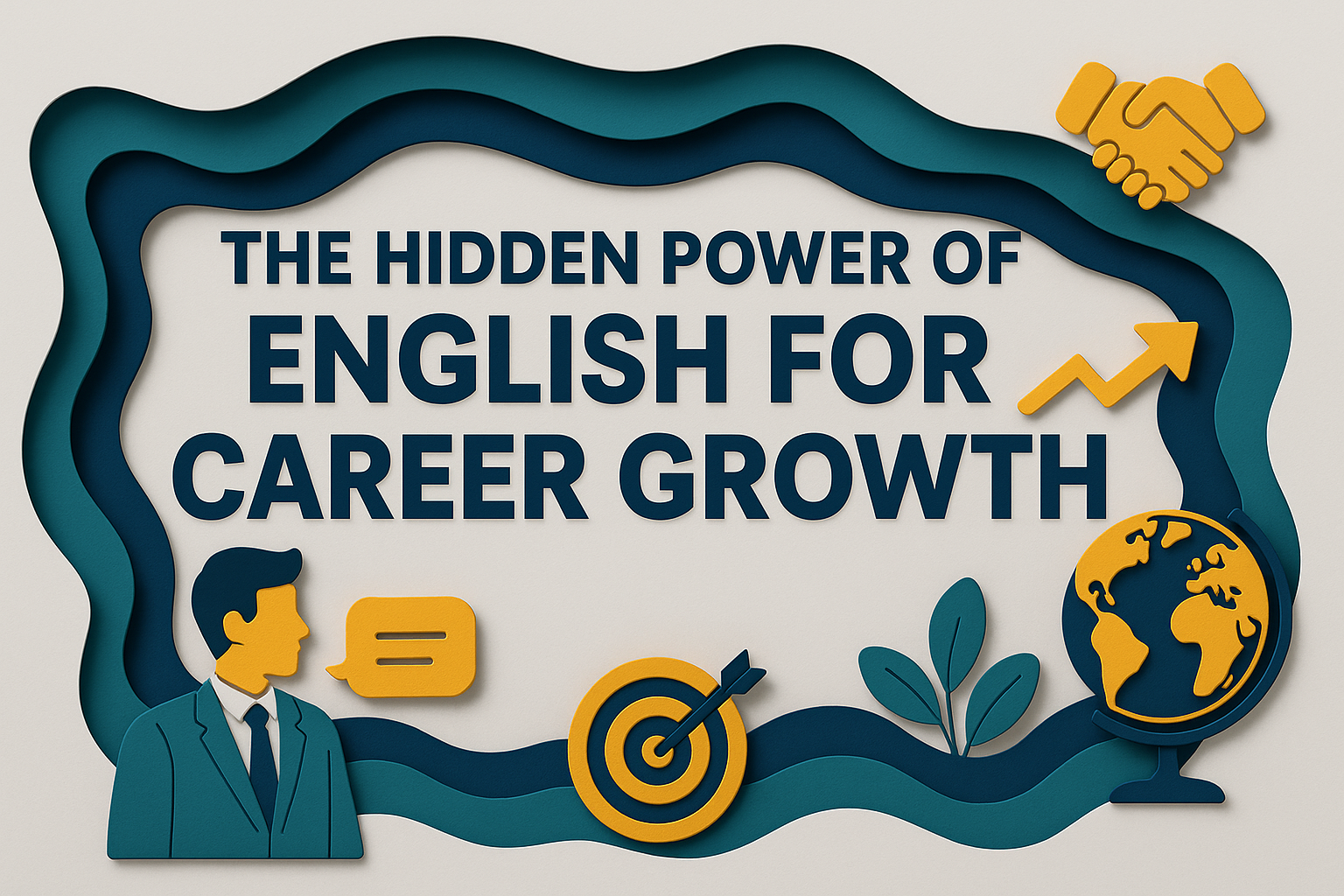 3D paper cut banner showing “The Hidden Power of English for Career Growth” in navy blue and gold, with icons of a businessman, globe, target, and handshake symbolizing English for career growth.