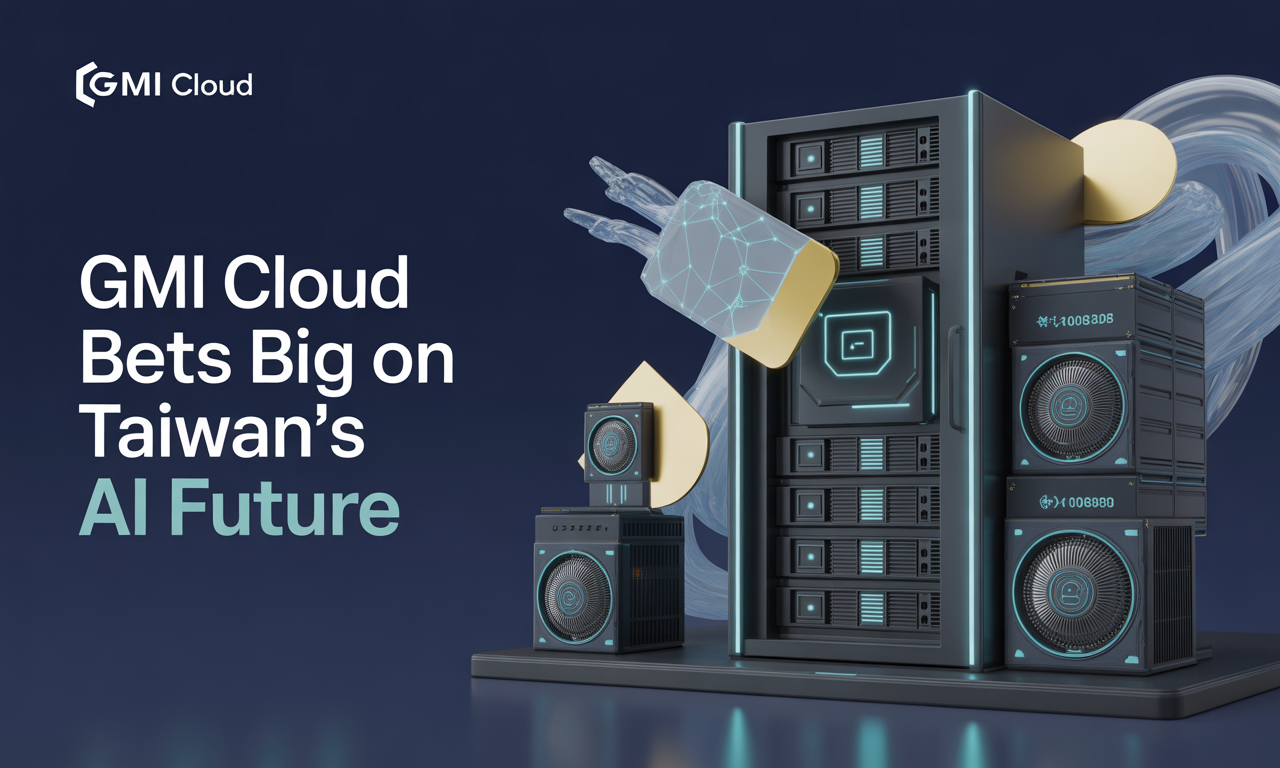 Wide banner of advanced servers and AI visuals representing GMI Cloud AI data center Taiwan in brand colors navy, gold, gray, and teal.