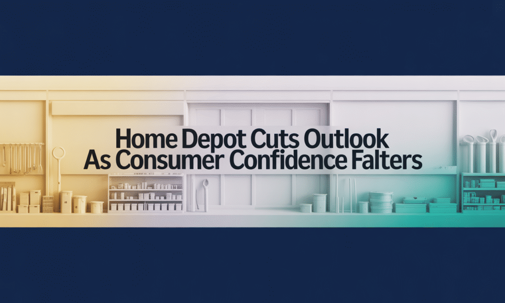 Wide banner showing business-themed visuals illustrating Home Depot lowers outlook 2025 in navy, gold, gray, and teal branding.