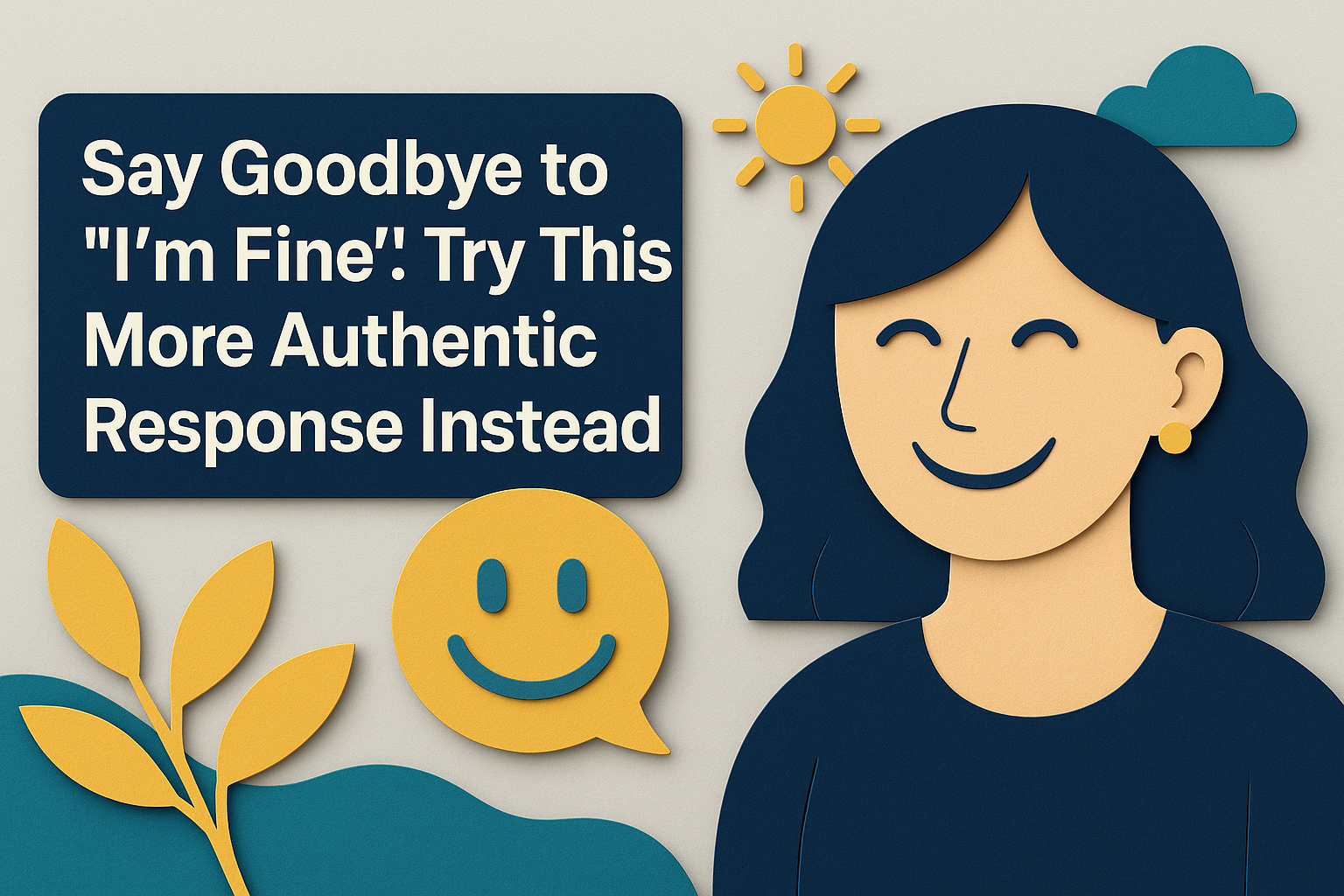 3D paper-cut banner showing a friendly conversation theme in navy blue, soft gold, teal, and gray, illustrating I'm fine alternatives for more natural English responses.
